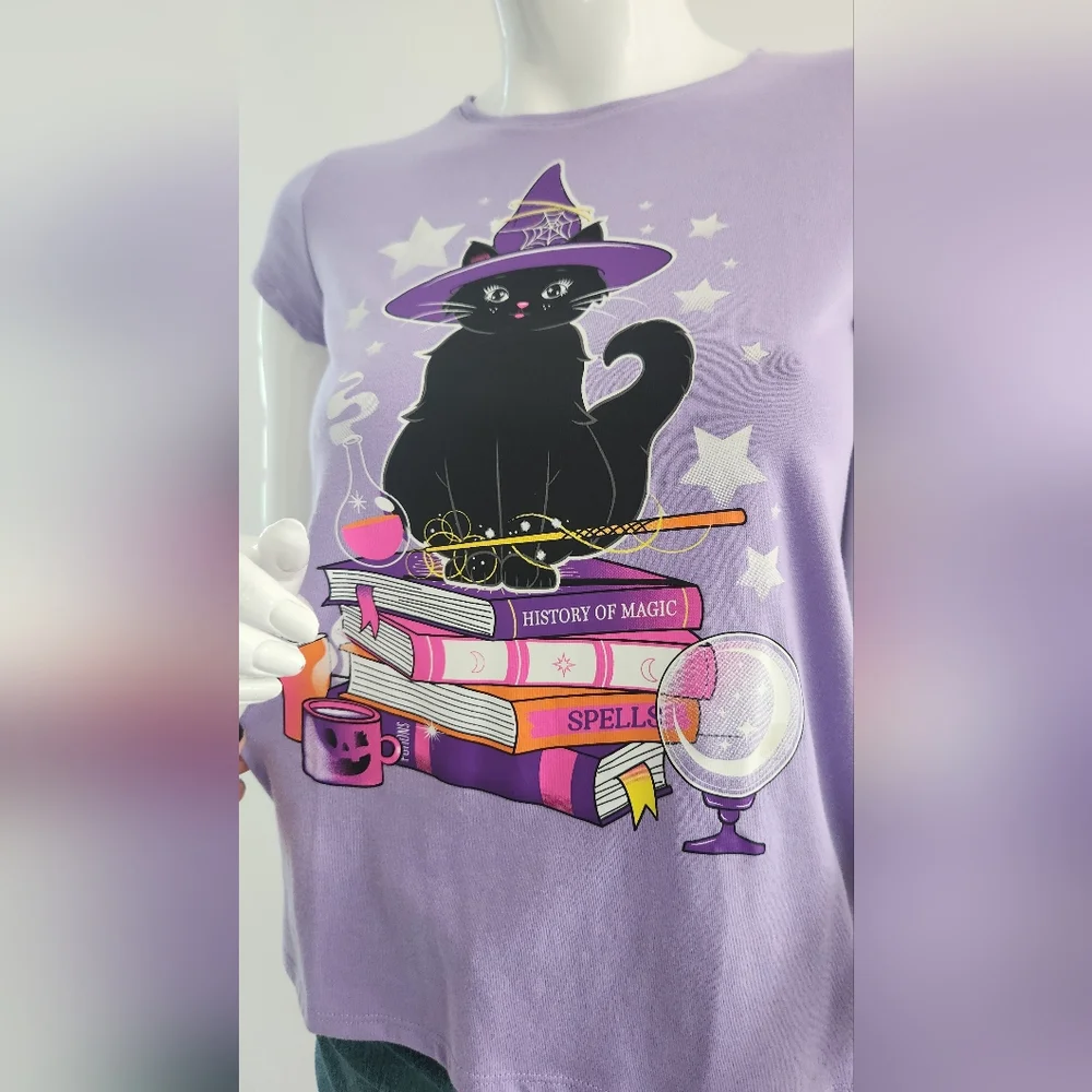Girls Glow In The Dark Black Cat Witch Graphic Tee Size XL - Picture 5 of 11